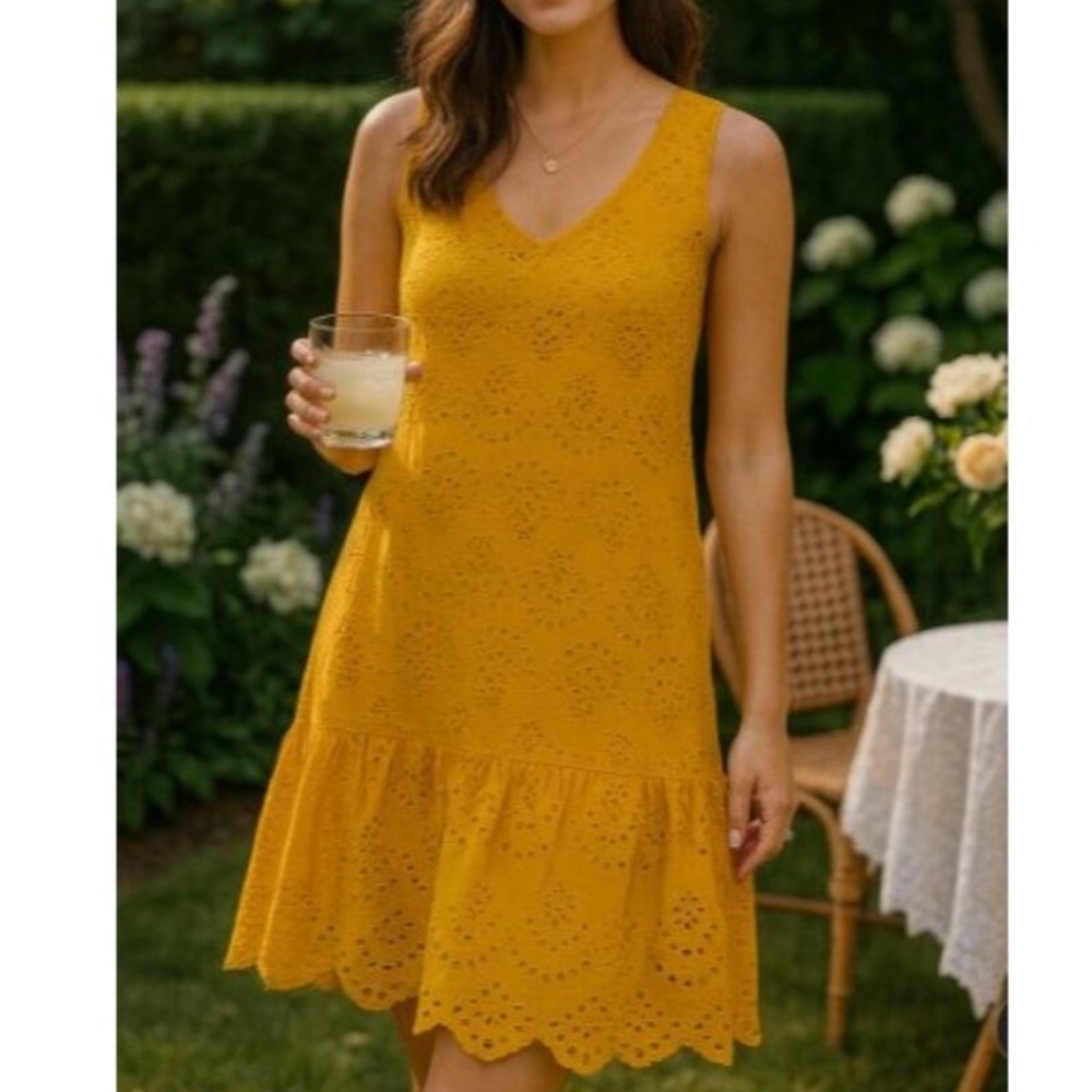 Dolan Woman's Gold Eyelet Sleeveless Jumper game day Dress Scalloped Hem L Boho